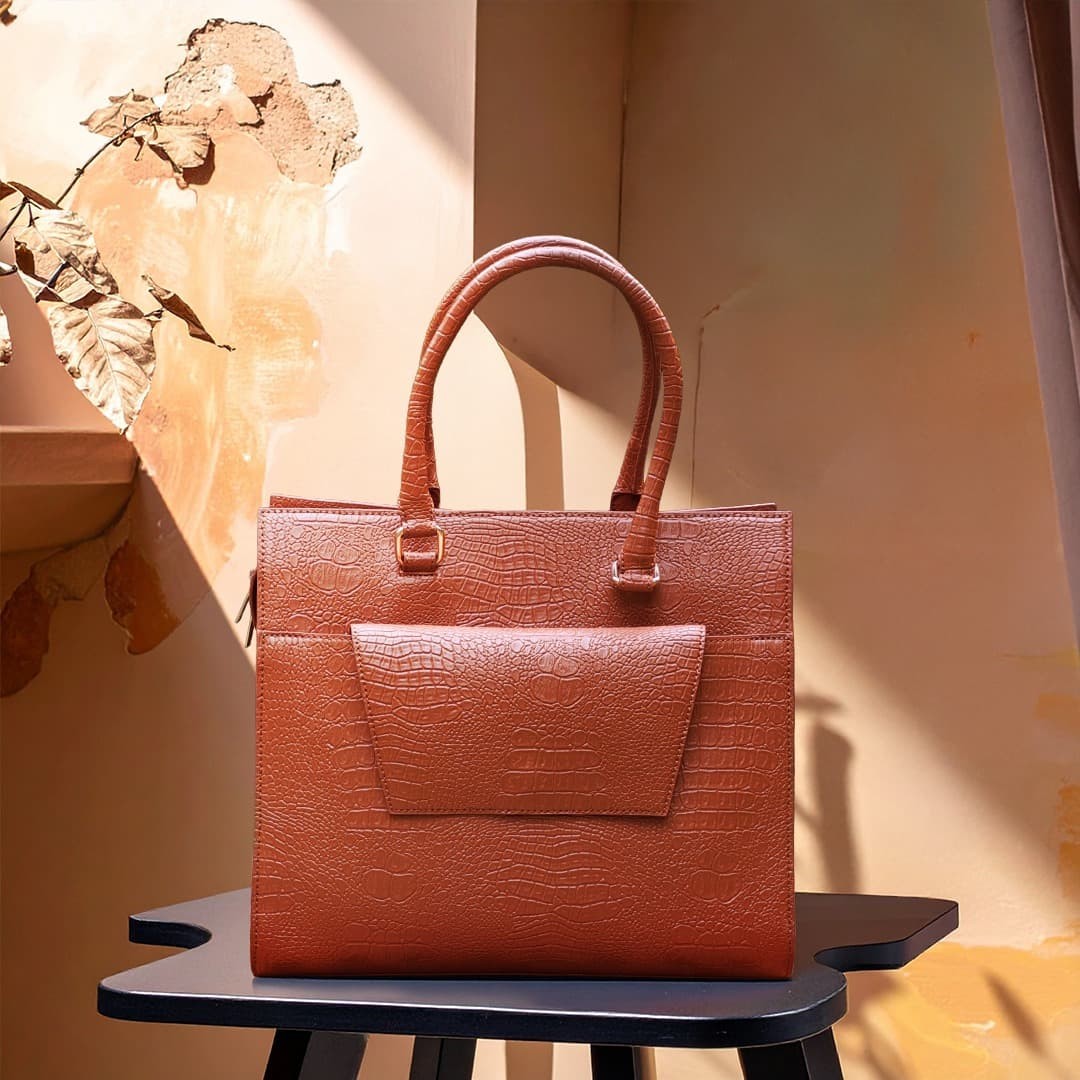 Tuxedo Lapel Tote — Cognac Croc